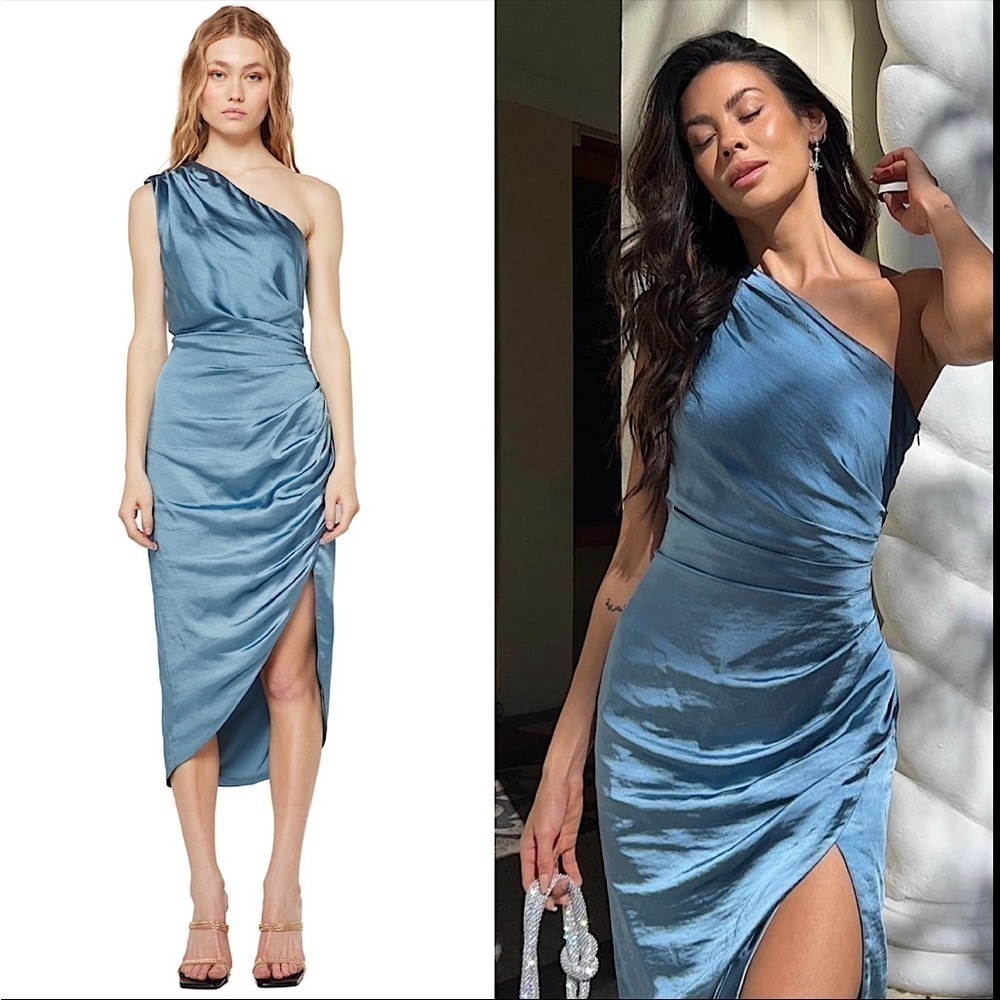 NWT ELLIATT 90s Ruched Satin Sleeveless 1 Shoulder Tulip Wrap Hem Midi Dress XS